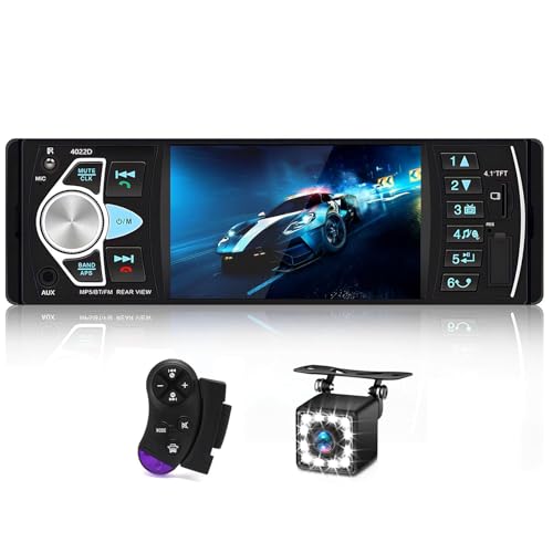 Hikity Radio de Coche Bluetooth 1 DIN con Pantalla Digital TFT de 4,1'' Radio Pantalla 1 DIN con Cámara Trasera Bluetooth Manos Libres FM USB AUX TF SWC