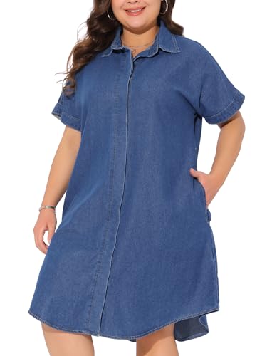 Agnes Orinda Plus Size Denim Dress for Women Short Sleeve Button Down with Pockets Midi Jean Denim Shirt Dresses2
