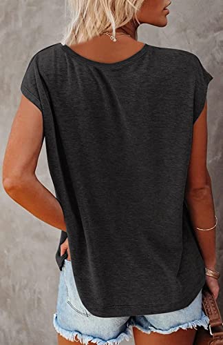 Kingfen Women's Short Sleeve U Neck Womens Summer Tops Cap Sleeve Loose Blouses For Women Dressy Casual Workout Basic Solid Color Black Shirts For Women Hiking Casual Plus Size Large #TOP1