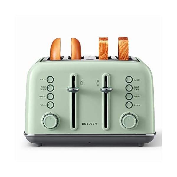  BUYDEEM-DT640-4-Slice-Toaster-Extra-Wide-Slots-Retro-Stainless-Steel-with-High-Lift-Lever-Bagel-and-Muffin-Function-Removal-Crumb-Tray-7-Shade-SettingsCozy-Greenish