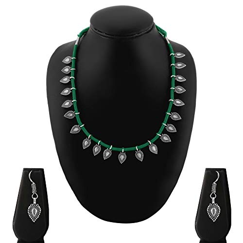 Image of Yellow Chimes Women and Girls Traditional Silver Oxidised Choker Jewellery Set - Black