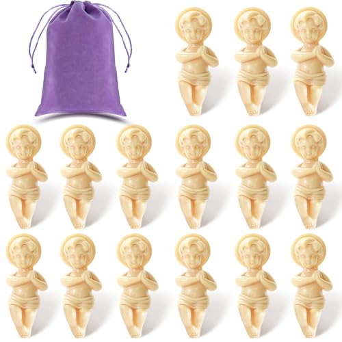 ZZYFGH 15 PCS Mini King Cake Baby Jesus Figure, 1.5 inch Baby Jesus Figurines King Cake Figure with Gift Bag, Jesus Figurines for Mardi Gras Party Cake Toppers Decorations Religious Gifts (15 PCS)