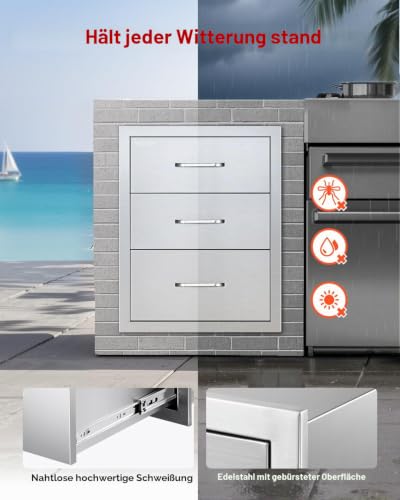 VEVOR Outdoor Küchenschubladen 46 x 59 x 59 cm (B x T x H), Grillschubladen mit 3 Schubladen & Griffen aus Edelstahl, Grillschubladen für Außenküche & Grillinsel-Terrassengrillstation
