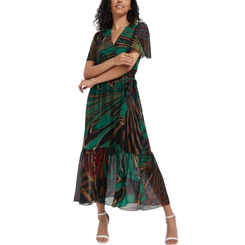 Image of Women's Summer Bohemian Floral Chiffon Dress Cap Sleeve V Neck Ruffle Long Flowy Boho Casual Vacation Dresses