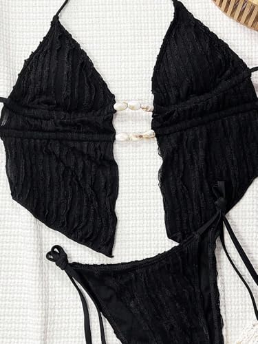 Image of ZAFUL Halter Swimsuits for Women Textured Backless 2 Piece Bathing Suits Cheeky High Cut String Tie Side Bikini Sets