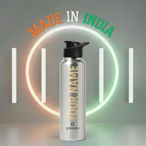 Image of Speedex Engraved Name Stainless Steel Sipper Water Bottle 1 Ltr - Customised Personalised Bottle for Kids & Adults, School, Gym, Sports, Black, Set of 1 (Silver, Set Of 1)