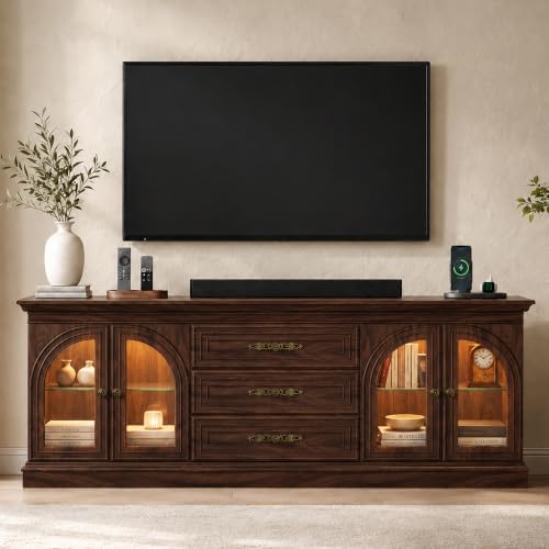 YESHOMY Farmhouse LED TV Stand for 70 Inch TV with Power Outlets,Walnut