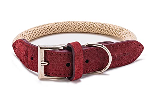 HUGO & HUDSON Luxury Dog Collar Round Rope and Leather with Adjustable Metal Buckle, Burgundy 60cm