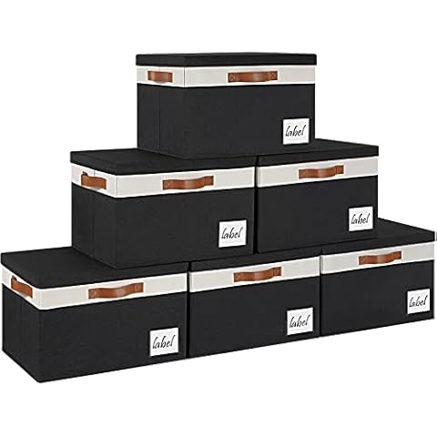 PFFVRP Extra Large Storage Bins with Lids, Foldable Fabric Storage Baskets with Lids, Sturdy Storage Boxes with Labels and 3 PU Handles for Closet Home Bedroom Office (32L, 6 Packs, Black&White) Cover