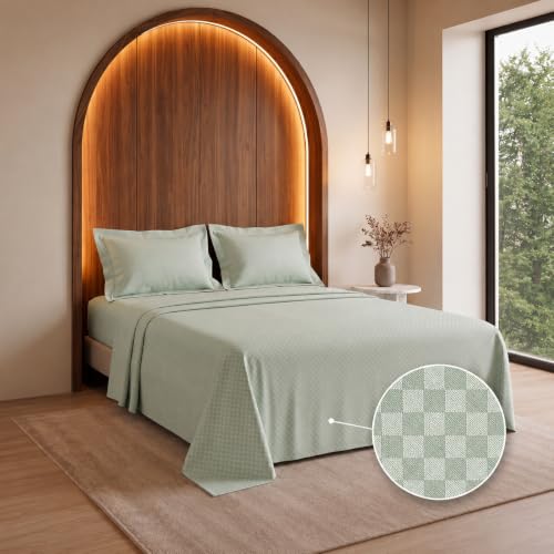 Image of LANE LINEN 400TC 100% Cotton Micro Check King Size Bedsheet - Mineral | OEKO-Tex Certified, 108 x 108 Inch, Fits King & Double Size Bed, Breathable & Wrinkle-Free, Includes 2 Pillow Covers