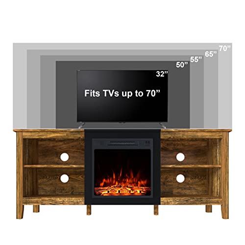Fireplace Tv Stand Up To 70 Inch, Large Industrial Entertainment Center With Storage, Farmhouse Console Table With Electric Fireplace For Living Room, Rustic Brown #TOP4