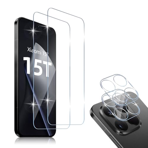 HidWee Vidro temperado compatível com Xiaomi 15T / Xiaomi 15T Pro, 2 peças protetor de ecrã + 2 peças, protetor de lente câmera, HD sem bolhas, dureza 9H, anti-riscos, anti-impressões