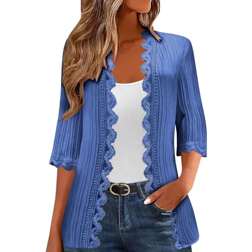 Image of Saxrel Bolero Cardigans for Women Thin Beach Cover Up Kimono Shrug Trendy Blouse Lace Goth Bolero Blue Cardigans Open Front 3/4 Sleeve Tops Women's Summer Jacket Casual Sweater Dressy Lightweight