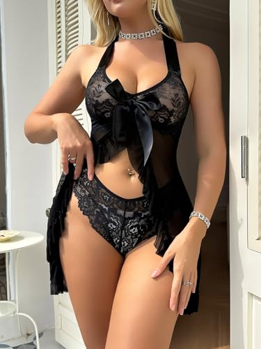 Image of Foxiny Sexy Halter Open Front Ruffle Sheer Mesh Lace Babydoll Lingerie Dress with Thong 2 Piece