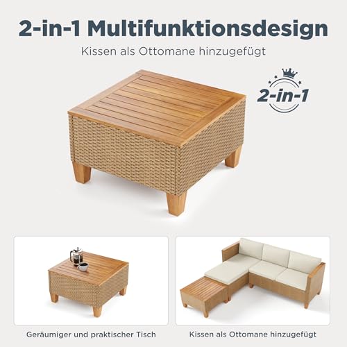 PHI VILLA 3 Teilig Gartenmöbel Set Balkonmöbel, Rattan Lounge Möbel Outdoor mit 1 Chaiselongue, 1 Zweisitzer-Sofa und 1 Kleiner Couchtisch, 4 Personen Terassenmöbel Außen Gartensofa