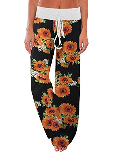 Image of iChunhua Women's Comfy Stretch Floral Print Drawstring Palazzo Wide Leg Lounge Pant