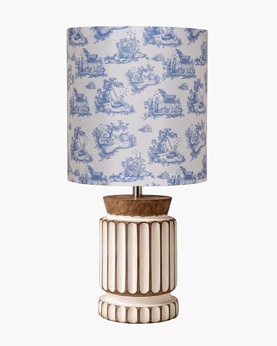 Image of Homesake Wooden Table Lamp | Handcrafted Bedside & Living Room Lamp | Bulb Included | Warm Light | Desk Nightstand Light, Decor Lamp for Bedroom, Study & Home Decor, (KD Blue Printed Drum)