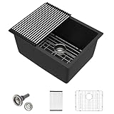 Lofeyo 24 Inch Black Granite Composite Kitchen Sink, 12' Deep Laundry Room Sink Undermount Single Bowl Quartz Stone Good Look Farmhouse Style, LOF-LKU0115-FF