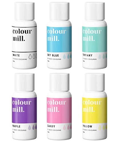 Colour Mill Rainbow Pack Oil-Based Food Coloring, 20 Milliliters Each of 6 Colors: White, Sky Blue, Tiffany, Purple, Candy and Yellow