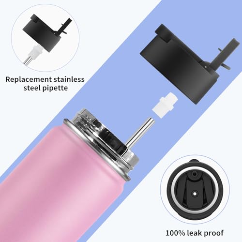 Image of koodee 22 oz Water Bottle with Straw Stainless Steel Vacuum Insulated Wide Mouth Sports Water Bottle, Girls Water Flask for School BPA Free-Pink