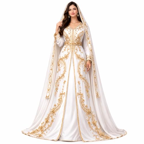 Generic White Long Sleeve Abaya Kaftan Dress for Women, Large, Regular, Regular, Floor Length, Wedding, Anniversary, Honeymoon, Mother's Day, New Year