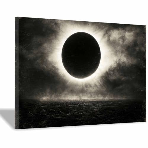 Peinture sur toile noir et blanc éclipse vintage grand format 70x100cm encadrée pour salon
