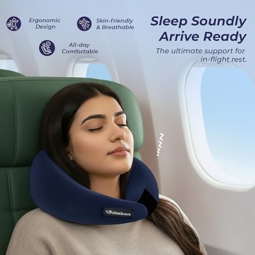 Image of Billebon Gel Infused Memory Foam Neck Pillow, Travel Pillow with Adjustable Velcro Straps, Neck Pillow for Travelling & Flight Travel, Ergonomic Support for Comfort & Pain Relief (Navy Blue)