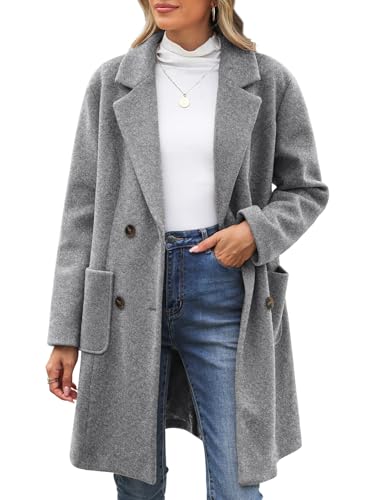 CMTOP Wintermantel Damen V-Ausschnitt Revers Mantel Lang Warm Wollmantel Herbst Winter Damen-mäntel Gerade Zweireihiger Übergangsmantel Elegant Damenmantel mit Taschen(Grau,...