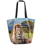 Großer Löwe, der auf Savannah-Gras liegt, wiederverwendbare Einkaufstasche, groß, faltbar, strapazierfähig, waschbar, umweltfreundlich, mit Tasche, Großer Löwe auf Savannengras liegend, Einheitsgröße