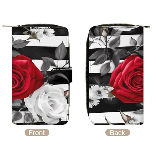 PU Leather Wallet, Black Stripes Red Rose Flowers Print Wallet with Multiple Slots Elegant Wallet Convenient Wallet Durable Wallet Modern Wallet3