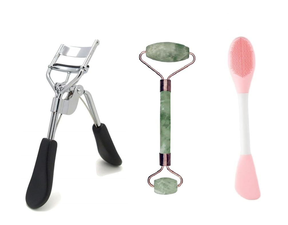 Lusty soul Light Weight Eyelash Curler With Facial Massager Jade Roller Tool And Face Scrubber Silicon Brush (3 Items in the set)