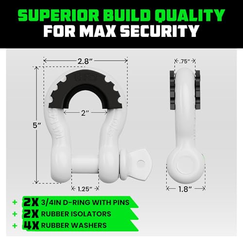 Image of Rhino USA D Ring Shackles (2-Pack) - 41,850lb Break Strength - Heavy Duty 3 /4 inch Clevis Shackle with 7 /8 Pin for Towing & Off-Road Use - Pairs with Tow Strap for Vehicle Recovery (White)