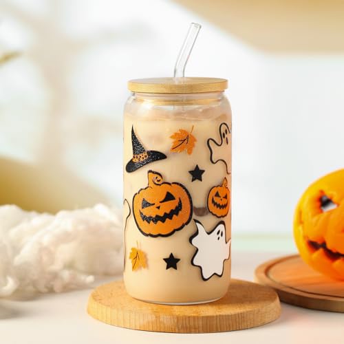 KMCCUMBER Halloween Pumpkin Ghost Glass Cup with Lid Straw Gifts for Women - image 4