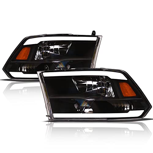 Alpha Owls 8711880 Crystal Headlights With White LED Light Bar - Black Amber Fits 2009-2018 Dodge Ram 1500 2500 3500/2019-2023 Classic Halogen Models