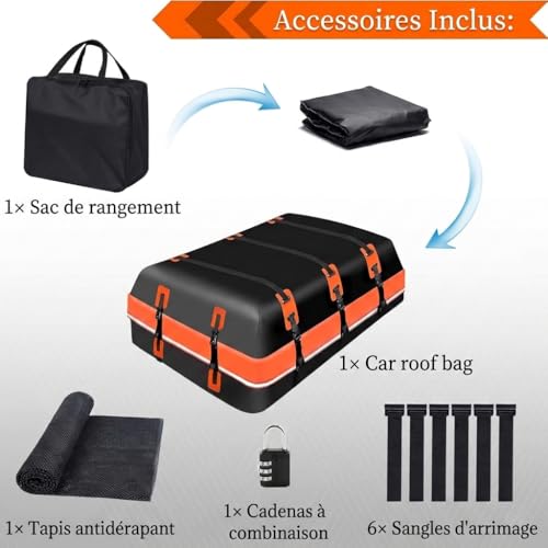 QQ CAT Coffre de Toit Voiture Souple 570L, Sac de Toit 100% Imperméable PVC, Rangement Bagage Voyage, Tapis et 6 Crochets Inclus, pour SUV/Voitures avec ou sans Barres de Toit – vue 4