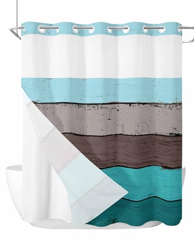 Retro Aqua Wood No Hook Shower Curtains with Detachable Snap-in