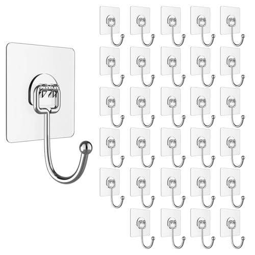 Image of BRAND VILLA Self Adhesive Wall Hooks Pack of 30 Heavy Duty Strong Sticky Waterproof No Drill Wall Hook for Bathroom Kitchen Home Keys Towels Utensils Transparent Utility Hooks