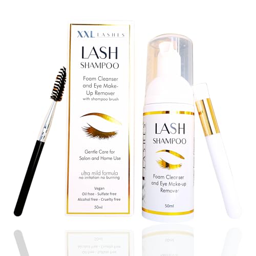 XXL Lashes Shampoo per extension ciglia, detergente schiumogeno, struccante, 50 ml, con spazzola shampoo per ciglia