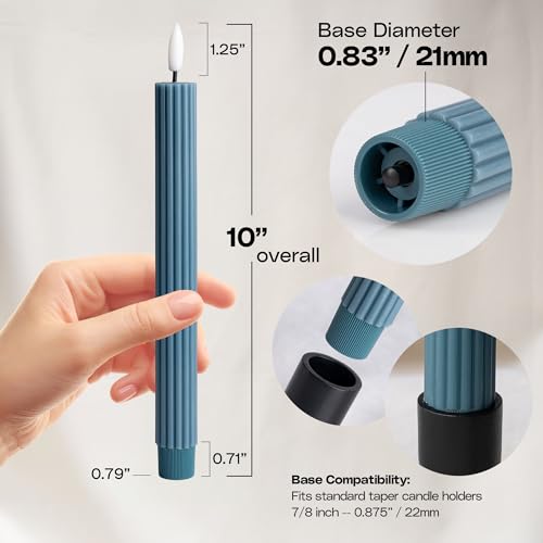 Image of 10 inch Fluted Ribbed LED Blue Grooved Real Wax Taper Candles, Remote & 24h Timer Memory, On /Off Switch - Flameless Dimmable Battery Operated w /Flicker Mode, Home Wedding Decor (6 Pack)