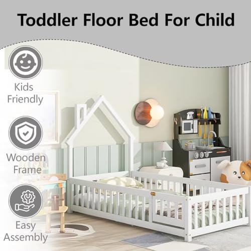 TURRIDU Twin Size Montessori Floor Bed with Fence and Door, House-Shaped Headboard Floor Bed with Full-Length Guardrails, Floor House Bed for Children Girls Boys, No Weight Limit, White - Thumbnail 4