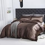 Satin Duvet Cover Queen Silk Like Brown Bedding Soft Lightweight Polyester Satin Comforter Cover Luxury Hotel Silky Bedding Sets 1 Duvet Cover 2 Pillowcases