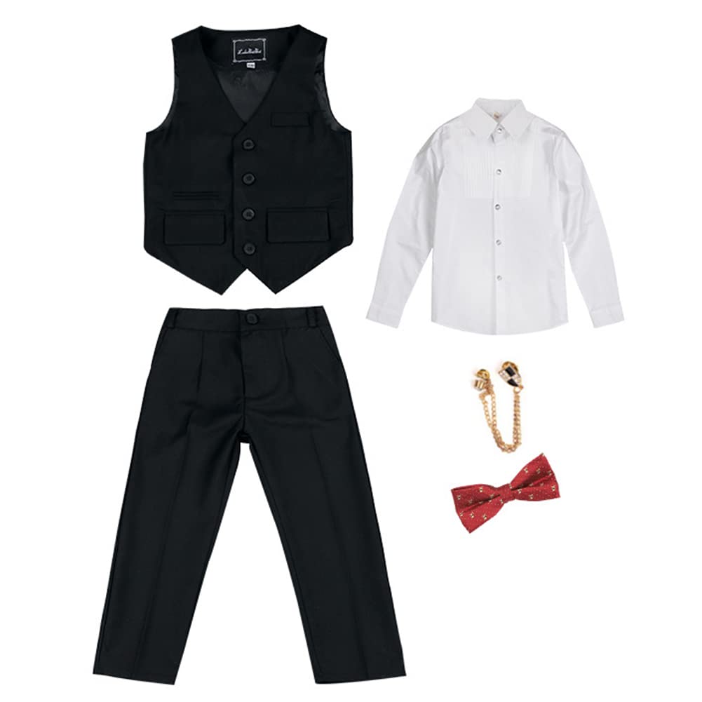 Traje de Caballero para Niño Conjunto de Ropa Formal para Ceremonia Boda Fiesta Bautizo Infantil Juego de 4 Piezas Conjunto de Camisa Manga Larga+Chaleco+Pantalones+Corbata de Moño para Chicos