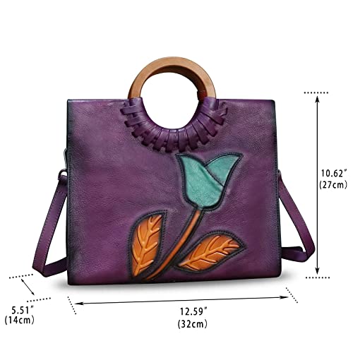 Genuine Leather Top Handle Handbag For Women Vintage Satchel Retro Cowhide Handmade Crossbody Bag Purse (Purple-Embossed) #TOP4