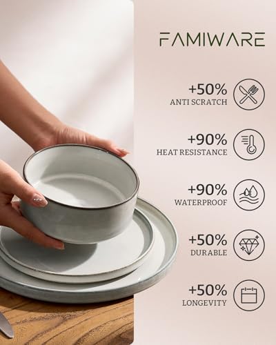 Image of Famiware Annecy Plates and Bowls Sets, Service for 4 (16 Pieces), Dinnerware Sets with Pasta Bowls, Microwave and Dishwasher Safe Dishes Set, Chip and Scratch Resistant, Grey White