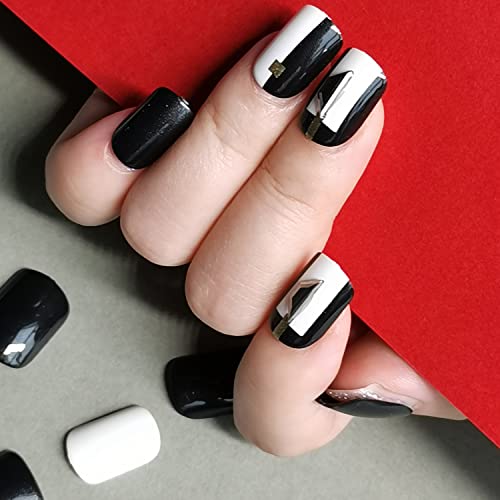 KRISNICE Press On Nails Short Square, 30pcs Fake Nails Petite Pure Fit White Black Diamond Acrylic Nails with Nail Glue for Women and Girls Gel Nail Kit(KCD018)