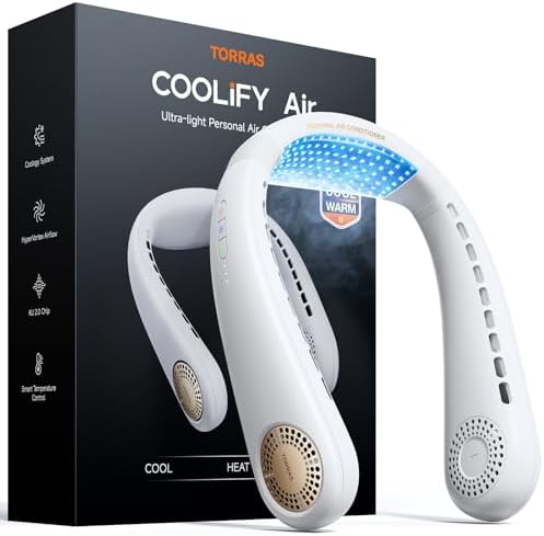 TORRAS COOLiFY Air 2026 Upgraded Neck Fan Air Conditioner, Dual-Airflow Pro Cooling, Ultra Light Portable Fan Rechargeable, Personal Cooling Fan Travel Essentials, Gift for Dad Father,White