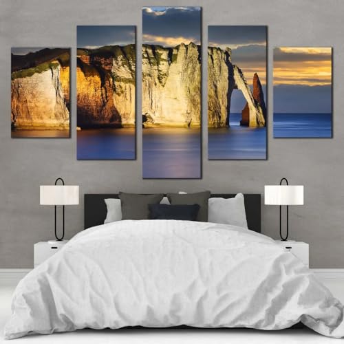 Tableau Falaises d'Etretat 5 parties impression sur toile pour deco murale salon