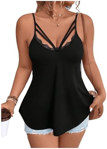SOLY HUX Women's Plus Size Tops Sexy Lace Going Out Cami Tops Cut Out Spaghetti Strap Summer Camisole Solid Black 2XL