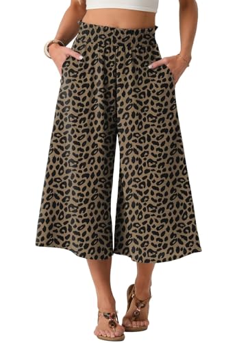 PrinStory - Pantalones de pierna ancha para mujer, cintura elástica alta, capris casuales, pantalones palazzo sueltos, culottes de ocio, M
