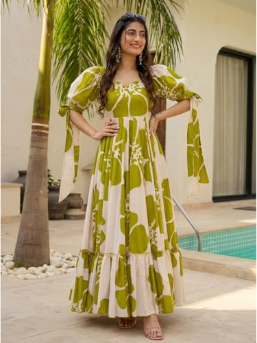 Image of Modestouze Attires Women's Floral Pattern Rayon Blend Maxi Dress with Sweetheart Neck Half Puff Sleeve Floor Length and Zipper Closure Type | Maxi Dress for Women Stylish | Dress for Women